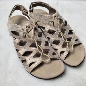 Abeo Nicky Strappy Gold Metallic Sandals. Lace Detail. Size 8 N